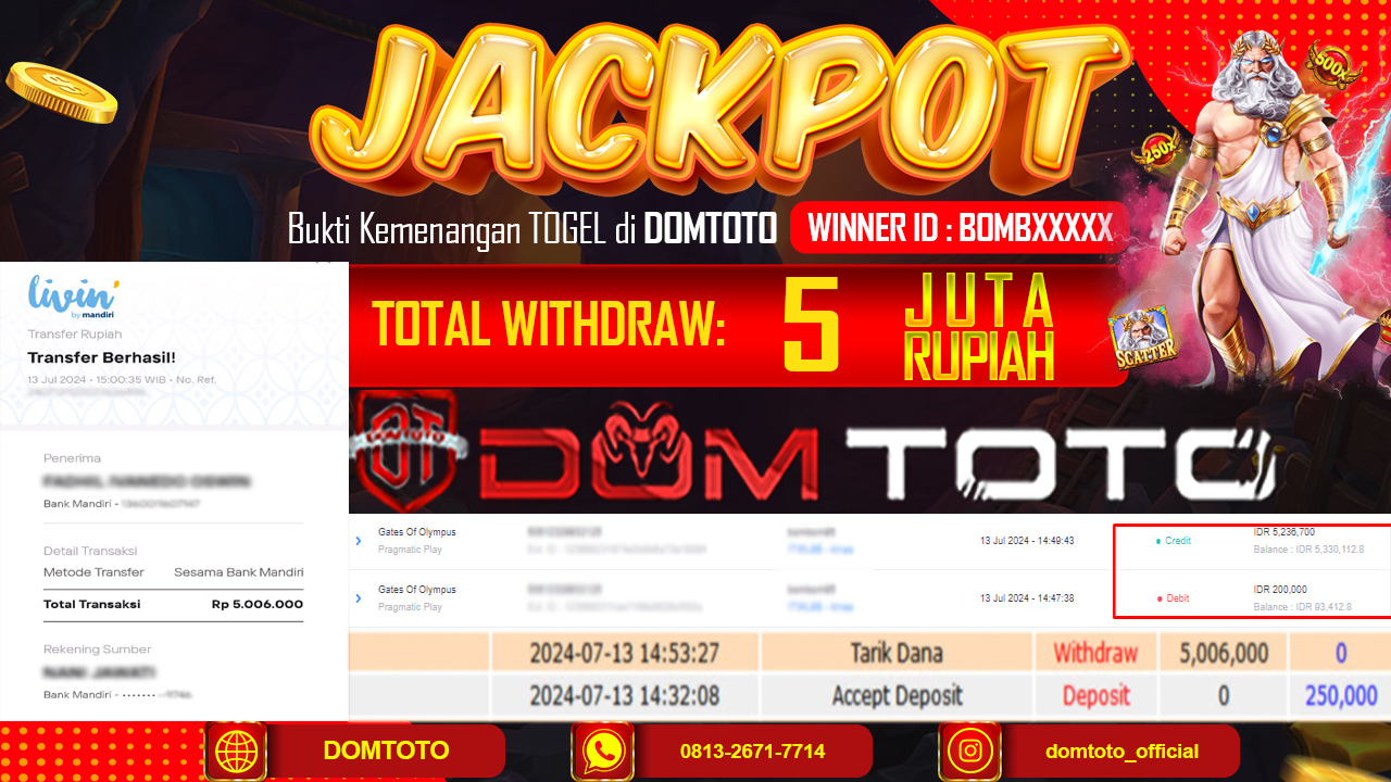 JACKPOT SLOT GATES OF OLYMPUS PRAGMATIC PLAY 13  JULI 2024